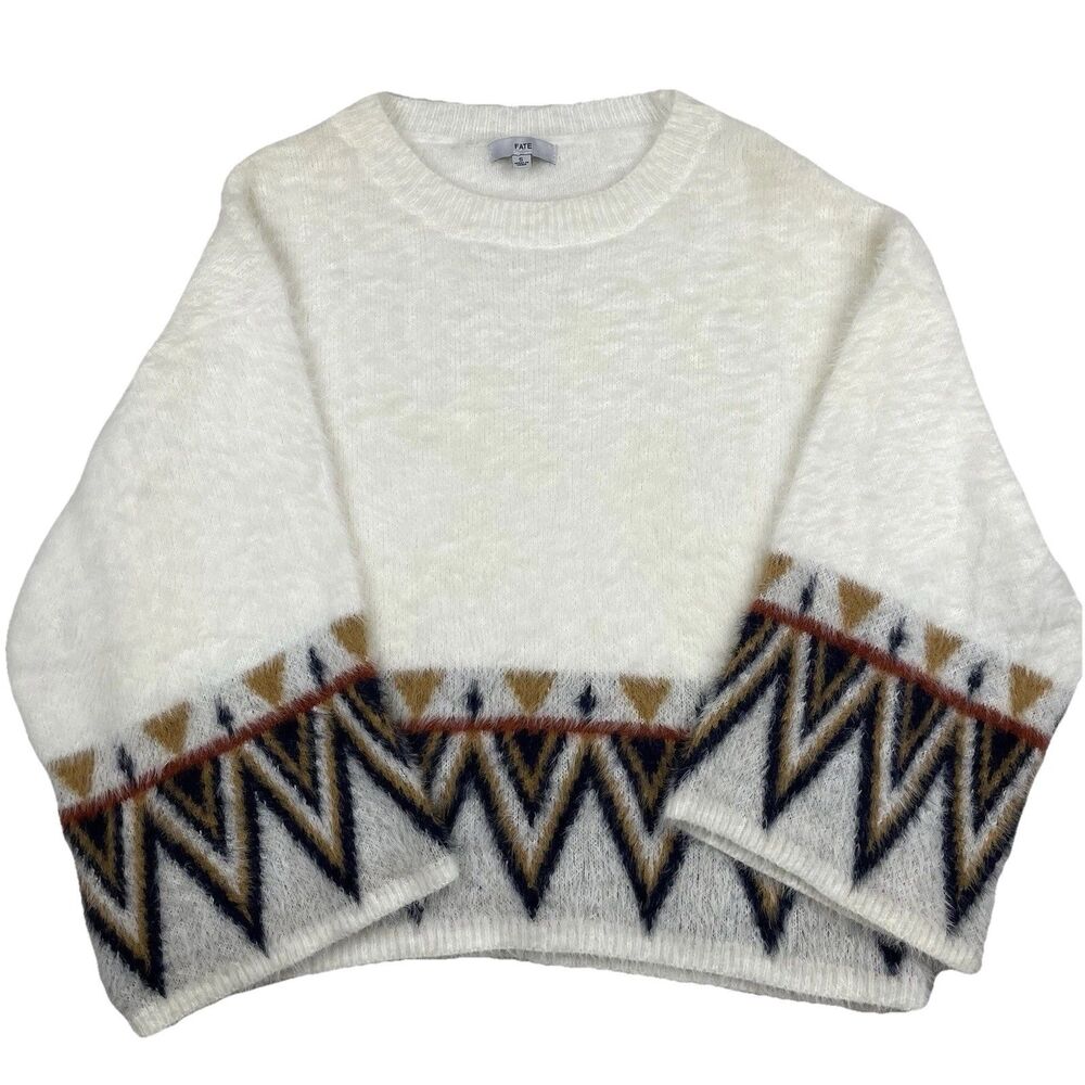 Fate Women’s Kimono Sleeve Aztec Tribal Sweater Cozycore Ivory-S